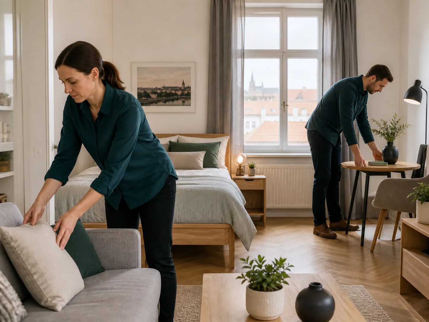 Ilustrační fotografie stylingu a přípravy Airbnb apartmánu